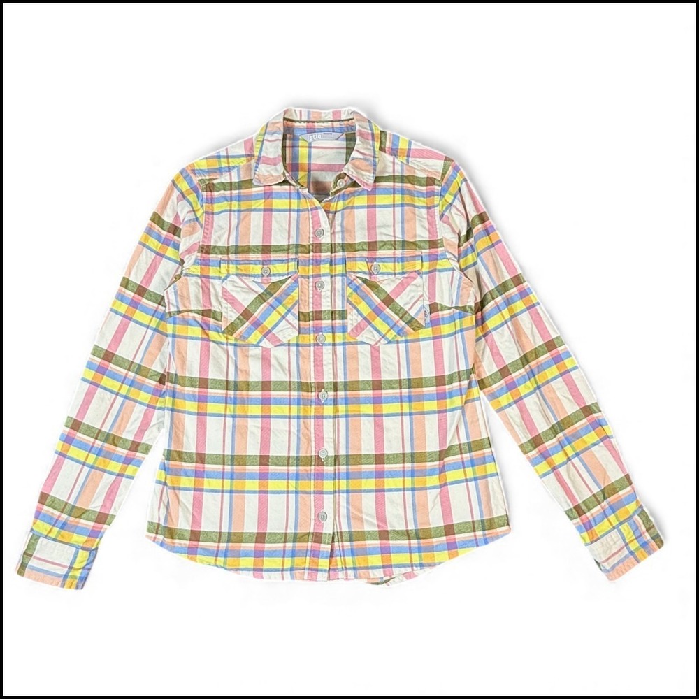 Stio Willow Midweight Flannel Shirt Plaid Organic Cotton Pastels Hiking Womens M